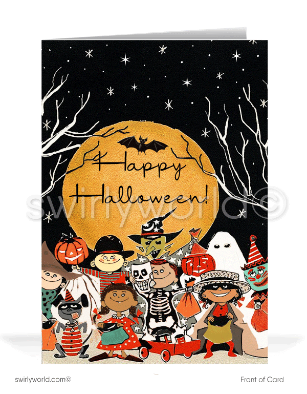 Celebrate the nostalgic charm of Halloween with Swirly World's 1950s-1960s style Vintage Cards. Featuring a cute group of Trick-or-Treaters under a starlit sky, full moon, and retro "Happy Halloween" typography. Choose single-panel or folded options, with customizable envelopes available.