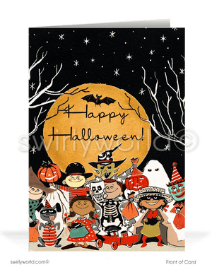 Celebrate the nostalgic charm of Halloween with Swirly World's 1950s-1960s style Vintage Cards. Featuring a cute group of Trick-or-Treaters under a starlit sky, full moon, and retro "Happy Halloween" typography. Choose single-panel or folded options, with customizable envelopes available.