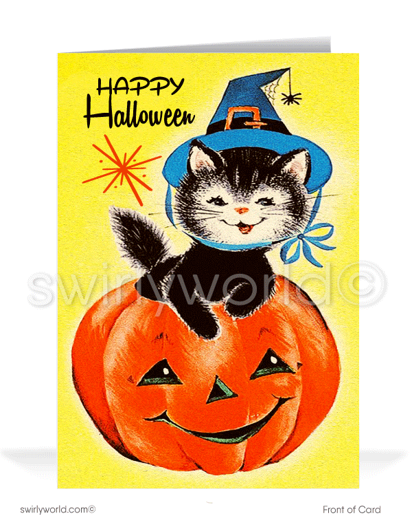 1950’s vintage mid-century retro black kitty cat witch Happy Halloween Greeting Cards for Business Customers.