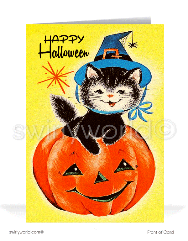 Step back to the 1950s-60s with Swirly World's vintage Halloween cards. Featuring an adorable kitten in a witch hat perched on a jack-o'-lantern, with "Happy Halloween" in retro font and atomic starbursts on a vibrant yellow background. Perfect for mid-century style lovers. Choose single-panel or folded options, with customizable envelopes available.