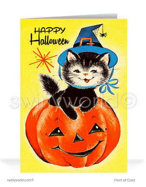 Step back to the 1950s-60s with Swirly World's vintage Halloween cards. Featuring an adorable kitten in a witch hat perched on a jack-o'-lantern, with "Happy Halloween" in retro font and atomic starbursts on a vibrant yellow background. Perfect for mid-century style lovers. Choose single-panel or folded options, with customizable envelopes available.