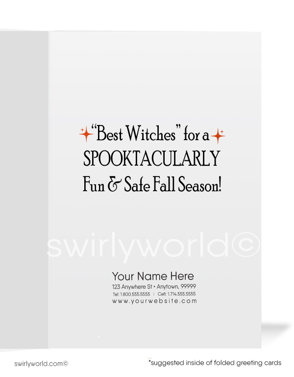 Step into the 1920s-1930s with Swirly World's Art Deco Halloween cards. Featuring a spooky black cat riding a broomstick alongside a wicked witch against a vibrant orange sky. Perfect for fans of mid-century style. Choose single-panel or folded options, with customizable envelopes available.