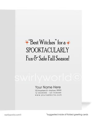 Art Deco Halloween Card with Black Cat and Witch on Broomsticks in 1920s-1930s Style