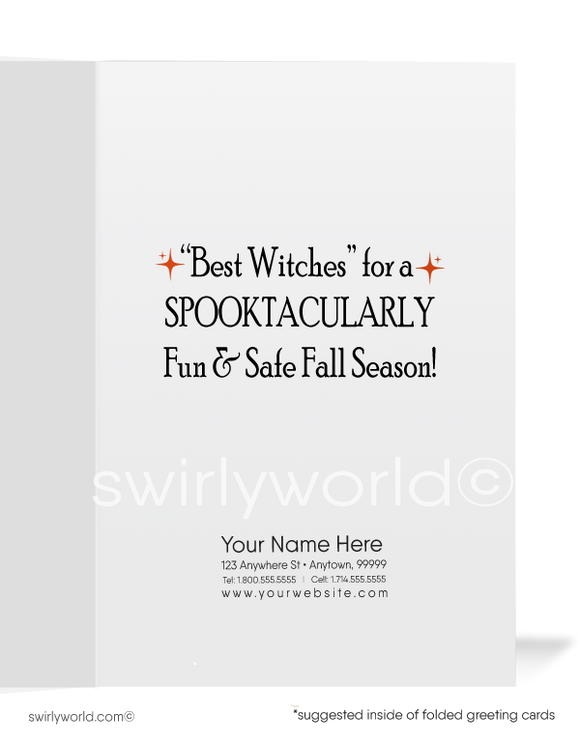 Step into the 1920s-1930s with Swirly World's Art Deco Halloween cards. Featuring a spooky black cat riding a broomstick alongside a wicked witch against a vibrant orange sky. Perfect for fans of mid-century style. Choose single-panel or folded options, with customizable envelopes available.