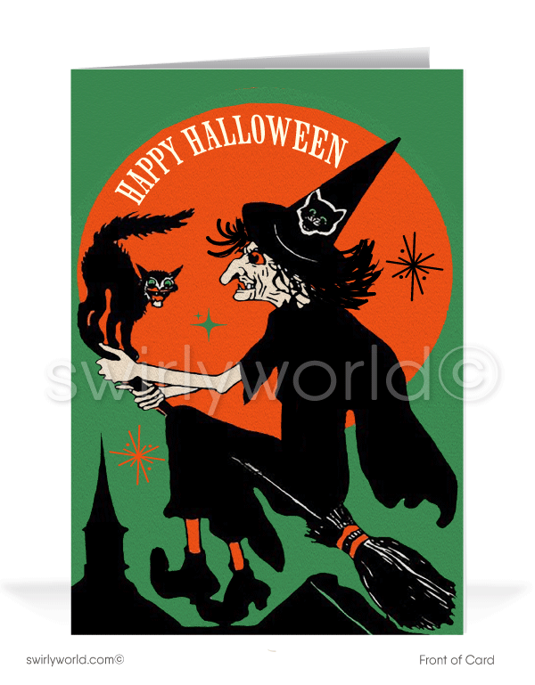 Step into the 1920s-1930s with Swirly World's Art Deco Halloween cards. Featuring a spooky black cat riding a broomstick alongside a wicked witch against a vibrant orange sky. Perfect for fans of mid-century style. Choose single-panel or folded options, with customizable envelopes available.