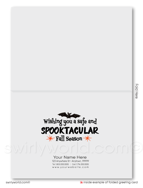 Celebrate Halloween with Swirly World's retro hot-dog witch card! Featuring a humorous "Happy Halloweenie" design inspired by 1950s-1960s mid-century charm, this vibrant orange card is perfect for sending vintage-style greetings. Customizable wording and envelopes available!