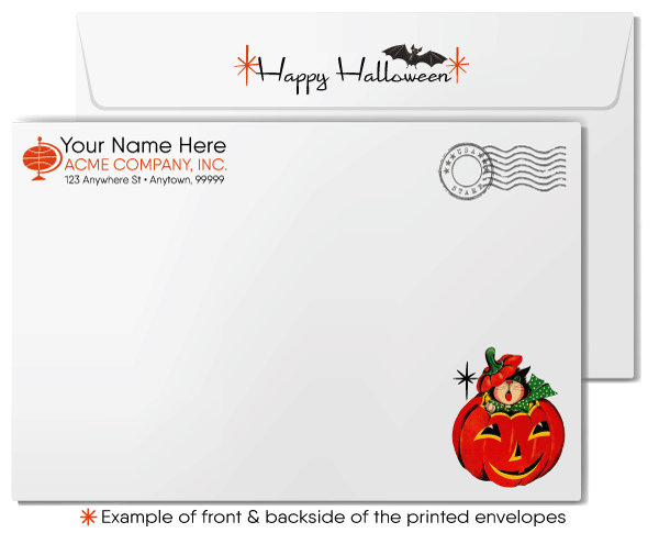 Celebrate Halloween with Swirly World's retro hot-dog witch card! Featuring a humorous "Happy Halloweenie" design inspired by 1950s-1960s mid-century charm, this vibrant orange card is perfect for sending vintage-style greetings. Customizable wording and envelopes available!