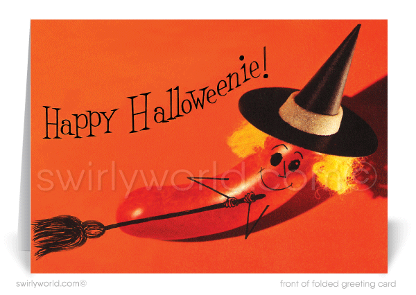 Celebrate Halloween with Swirly World's retro hot-dog witch card! Featuring a humorous "Happy Halloweenie" design inspired by 1950s-1960s mid-century charm, this vibrant orange card is perfect for sending vintage-style greetings. Customizable wording and envelopes available!
