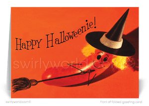 Celebrate Halloween with Swirly World's retro hot-dog witch card! Featuring a humorous "Happy Halloweenie" design inspired by 1950s-1960s mid-century charm, this vibrant orange card is perfect for sending vintage-style greetings. Customizable wording and envelopes available!