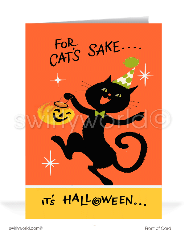 1950’s vintage mid-century retro black kitty cat Happy Halloween Greeting Cards for Business Customers.