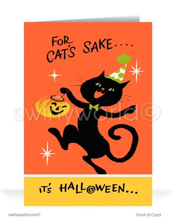 Capture the magic of 1950s Halloween with Swirly World's vintage-style greeting cards. Featuring a dancing kitty cat in the eerie glow of a full moon, holding a jack-o'-lantern treat pail. Perfect for mid-century style enthusiasts. Choose single-panel or folded options, with customizable envelopes available.