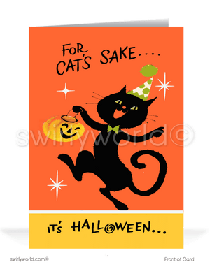 Capture the magic of 1950s Halloween with Swirly World's vintage-style greeting cards. Featuring a dancing kitty cat in the eerie glow of a full moon, holding a jack-o'-lantern treat pail. Perfect for mid-century style enthusiasts. Choose single-panel or folded options, with customizable envelopes available.