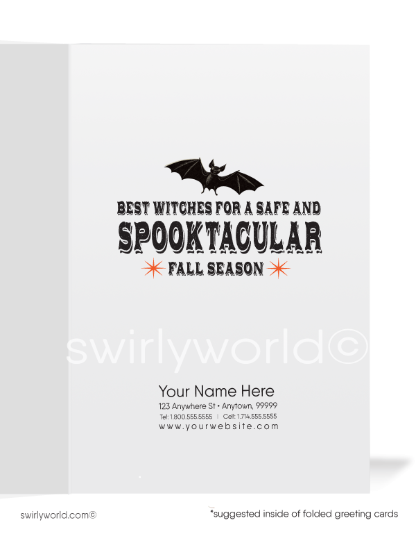 Celebrate Halloween with Swirly World's vintage 1930s-1940s style greeting card featuring a boy dressed as a ghost exploring a barn with jack-o'-lanterns and black cats. Available in flat or folded options with custom envelope upgrades. Share the nostalgic charm of the season with this exclusive design!