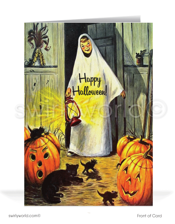 Vintage 1930's-1940's Ghost in Pumpkin Barn Printed Retro Halloween Greeting Cards