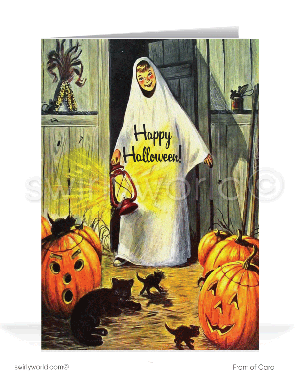 Celebrate Halloween with Swirly World's vintage 1930s-1940s style greeting card featuring a boy dressed as a ghost exploring a barn with jack-o'-lanterns and black cats. Available in flat or folded options with custom envelope upgrades. Share the nostalgic charm of the season with this exclusive design!