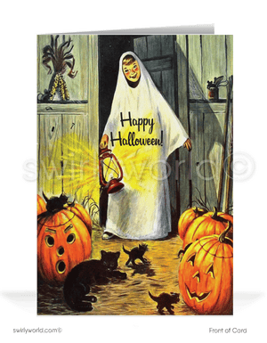 Celebrate Halloween with Swirly World's vintage 1930s-1940s style greeting card featuring a boy dressed as a ghost exploring a barn with jack-o'-lanterns and black cats. Available in flat or folded options with custom envelope upgrades. Share the nostalgic charm of the season with this exclusive design!