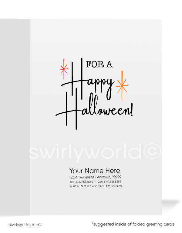 Step into mid-century nostalgia with Swirly World's 1950s-1960s style Vintage Halloween Greeting Cards. Featuring a kitschy witch brewing a spell in her cauldron under a vivid orange Halloween sky. Choose single-panel or folded options, with customizable envelopes for a personal touch.Vintage Kitschy Witch 1950s-1960s Retro Mid-Century Printed Halloween Greeting Cards