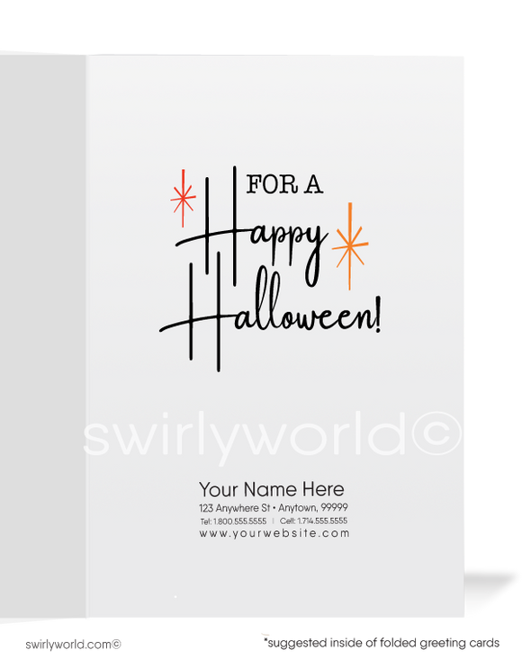 Step into mid-century nostalgia with Swirly World's 1950s-1960s style Vintage Halloween Greeting Cards. Featuring a kitschy witch brewing a spell in her cauldron under a vivid orange Halloween sky. Choose single-panel or folded options, with customizable envelopes for a personal touch.Vintage Kitschy Witch 1950s-1960s Retro Mid-Century Printed Halloween Greeting Cards