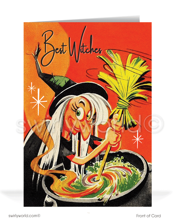 Step into mid-century nostalgia with Swirly World's 1950s-1960s style Vintage Halloween Greeting Cards. Featuring a kitschy witch brewing a spell in her cauldron under a vivid orange Halloween sky. Choose single-panel or folded options, with customizable envelopes for a personal touch.Vintage Kitschy Witch 1950s-1960s Retro Mid-Century Printed Halloween Greeting Cards