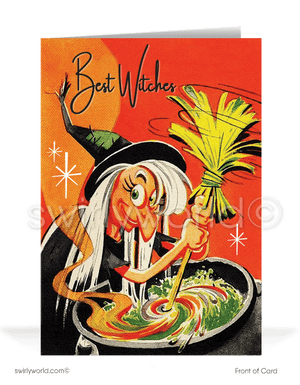 Step into mid-century nostalgia with Swirly World's 1950s-1960s style Vintage Halloween Greeting Cards. Featuring a kitschy witch brewing a spell in her cauldron under a vivid orange Halloween sky. Choose single-panel or folded options, with customizable envelopes for a personal touch.Vintage Kitschy Witch 1950s-1960s Retro Mid-Century Printed Halloween Greeting Cards