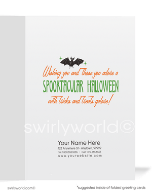 Retro MCM Halloween Card with Jack-o'-Lantern, Girl, and "Boo!" in 1940s-1950s Style