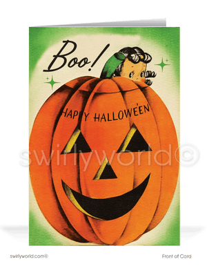 1940s-1950s Mid-Century MCM Vintage Pumpkin Printed Halloween Greetings Cards