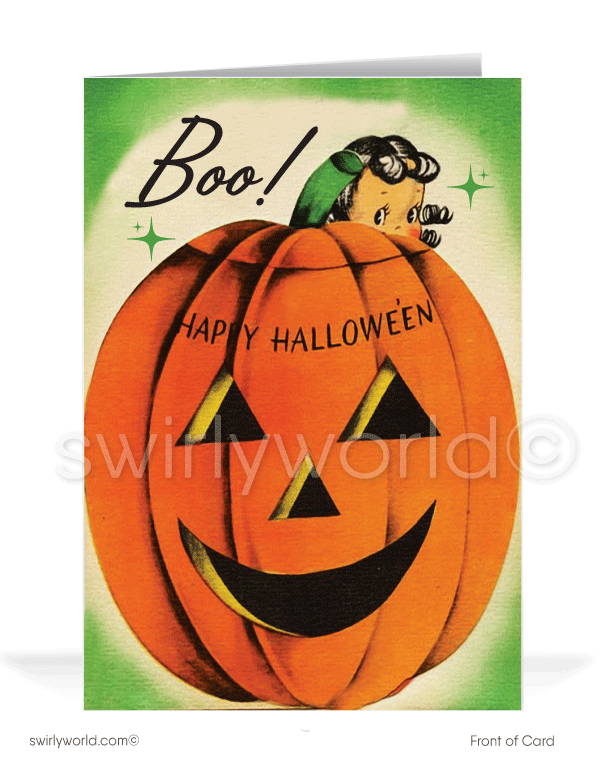 1940s-1950s Mid-Century MCM Vintage Pumpkin Printed Halloween Greetings Cards