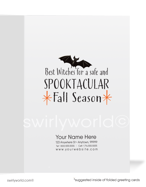 Explore Swirly World's vintage Halloween greeting cards inspired by the 1940s-1950s MCM era. Featuring a witch in an orange Halloween house surrounded by black cats and bats, these cards offer customizable options and a nostalgic touch, perfect for celebrating Halloween with mid-century charm.