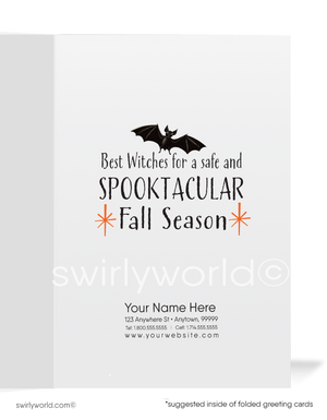 Vintage Halloween Card with Witch, Black Cats, and Bats in Orange Halloween House