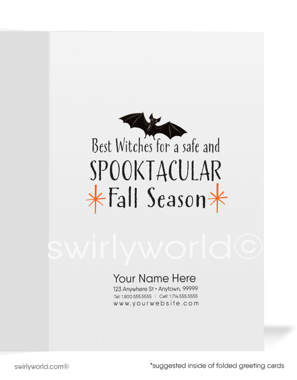 Explore Swirly World's vintage Halloween greeting cards inspired by the 1940s-1950s MCM era. Featuring a witch in an orange Halloween house surrounded by black cats and bats, these cards offer customizable options and a nostalgic touch, perfect for celebrating Halloween with mid-century charm.