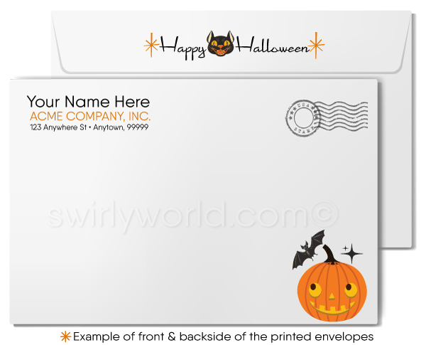 Explore Swirly World's vintage Halloween greeting cards inspired by the 1940s-1950s MCM era. Featuring a witch in an orange Halloween house surrounded by black cats and bats, these cards offer customizable options and a nostalgic touch, perfect for celebrating Halloween with mid-century charm.