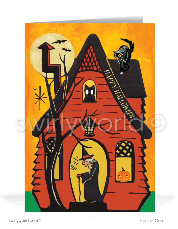 Explore Swirly World's vintage Halloween greeting cards inspired by the 1940s-1950s MCM era. Featuring a witch in an orange Halloween house surrounded by black cats and bats, these cards offer customizable options and a nostalgic touch, perfect for celebrating Halloween with mid-century charm.