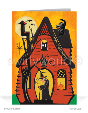 Explore Swirly World's vintage Halloween greeting cards inspired by the 1940s-1950s MCM era. Featuring a witch in an orange Halloween house surrounded by black cats and bats, these cards offer customizable options and a nostalgic touch, perfect for celebrating Halloween with mid-century charm.
