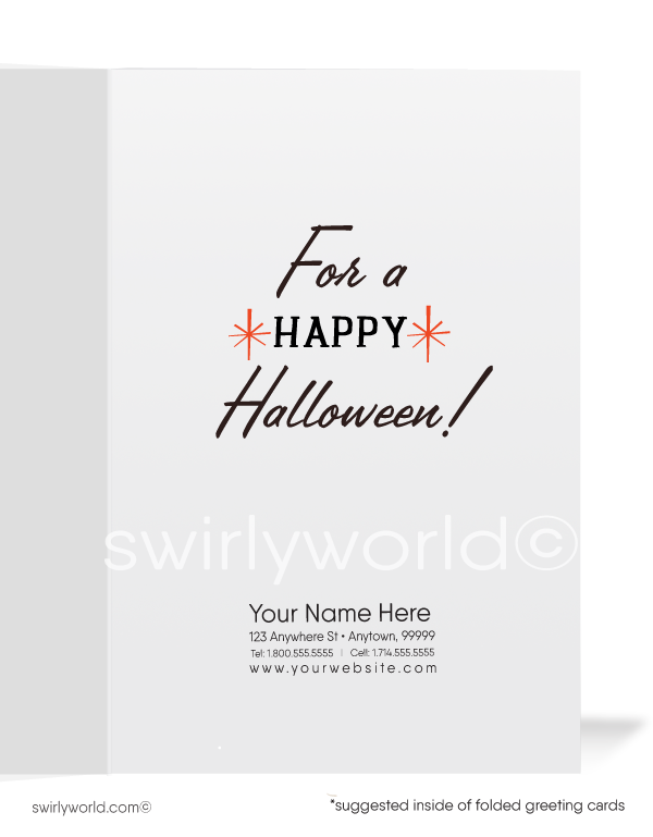 Step into mid-century nostalgia with Swirly World's Vintage Halloween Cards. Featuring a gothic witch with a sinister black cat on her hat, set against a vibrant orange sky with retro atomic starbursts. Choose single-panel or folded options, with customizable envelopes available.1960’s vintage mid-century retro Happy Halloween Greeting Cards for Business Customers.