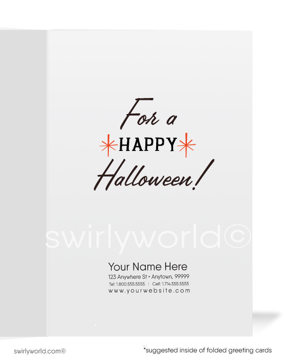 Step into mid-century nostalgia with Swirly World's Vintage Halloween Cards. Featuring a gothic witch with a sinister black cat on her hat, set against a vibrant orange sky with retro atomic starbursts. Choose single-panel or folded options, with customizable envelopes available.1960’s vintage mid-century retro Happy Halloween Greeting Cards for Business Customers.
