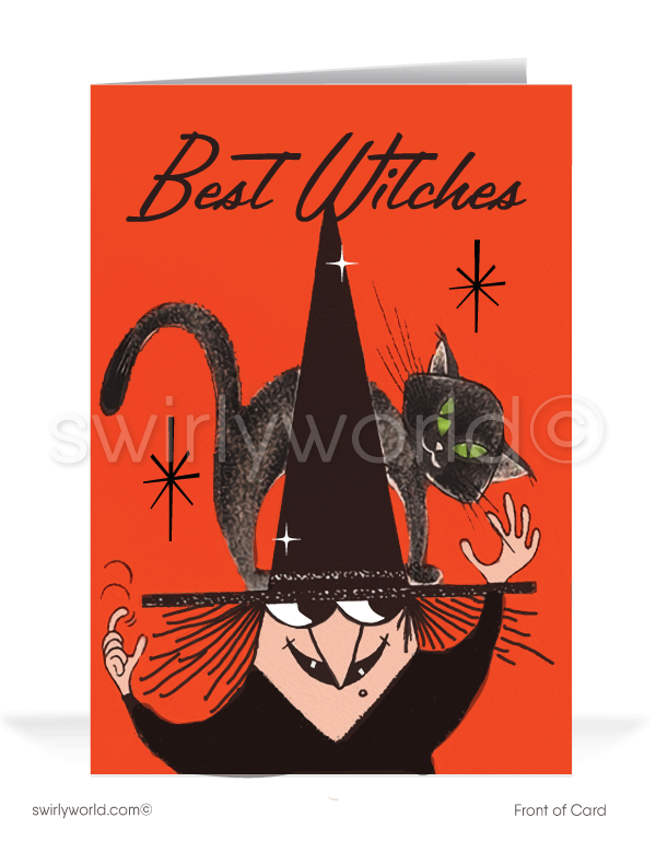 Step into mid-century nostalgia with Swirly World's Vintage Halloween Cards. Featuring a gothic witch with a sinister black cat on her hat, set against a vibrant orange sky with retro atomic starbursts. Choose single-panel or folded options, with customizable envelopes available.1960’s vintage mid-century retro Happy Halloween Greeting Cards for Business Customers.