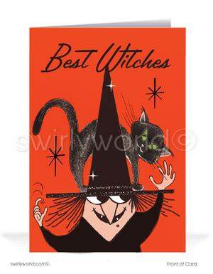 Step into mid-century nostalgia with Swirly World's Vintage Halloween Cards. Featuring a gothic witch with a sinister black cat on her hat, set against a vibrant orange sky with retro atomic starbursts. Choose single-panel or folded options, with customizable envelopes available.1960’s vintage mid-century retro Happy Halloween Greeting Cards for Business Customers.