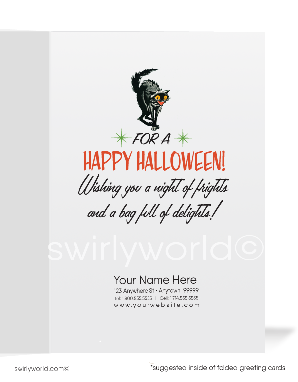 Capture mid-century nostalgia with Swirly World's Vintage Halloween Cards. Featuring playful witches, a black cat, and a charming jack-o'-lantern beneath an orange Halloween moon. Choose single-panel or folded options, with customizable envelopes to add a personal touch.
