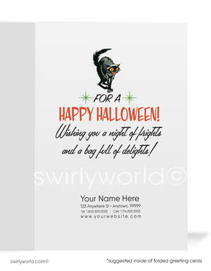 1950s-1960s Vintage Halloween Card with Witches, Black Cat, and Jack-o'-Lantern