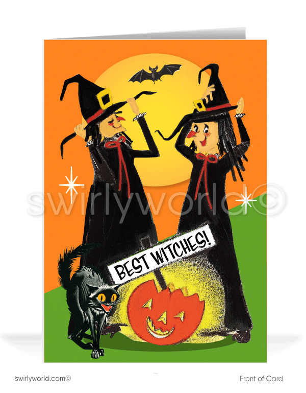 Capture mid-century nostalgia with Swirly World's Vintage Halloween Cards. Featuring playful witches, a black cat, and a charming jack-o'-lantern beneath an orange Halloween moon. Choose single-panel or folded options, with customizable envelopes to add a personal touch.