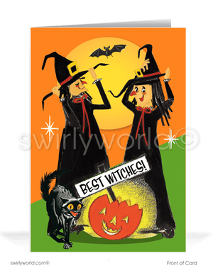 Capture mid-century nostalgia with Swirly World's Vintage Halloween Cards. Featuring playful witches, a black cat, and a charming jack-o'-lantern beneath an orange Halloween moon. Choose single-panel or folded options, with customizable envelopes to add a personal touch.