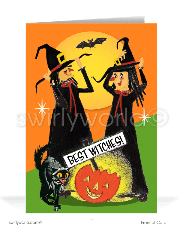 Vintage Witches 1950s-1960s Mid-Century Retro Printed Halloween Greeting Cards