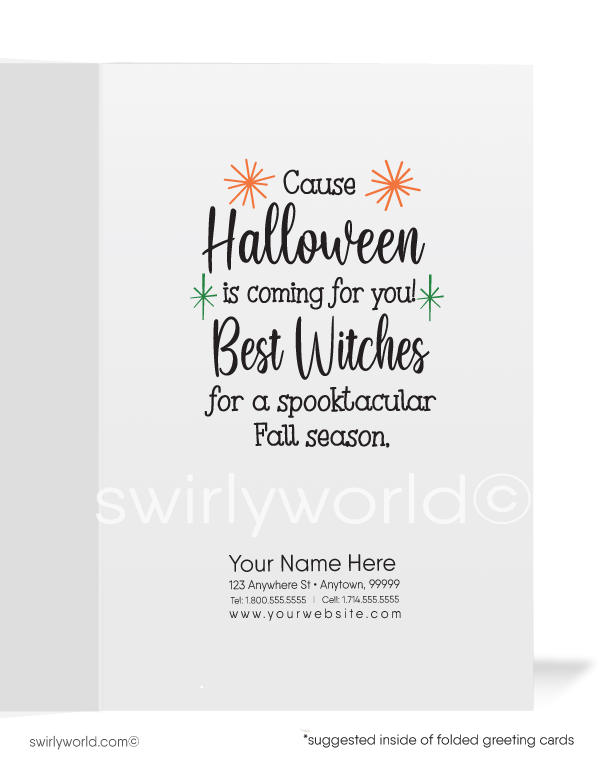  Celebrate the nostalgia of Halloween with Swirly World's 1940s-1950s Vintage Cards. Featuring a playful ghost, spooked black cat with a Jack-O-Lantern, and a girl in a witch costume. Perfect for mid-century illustration lovers. Choose single-panel or folded options, with customizable envelopes available.
