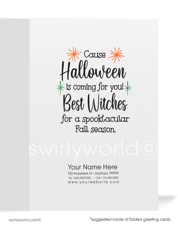  Celebrate the nostalgia of Halloween with Swirly World's 1940s-1950s Vintage Cards. Featuring a playful ghost, spooked black cat with a Jack-O-Lantern, and a girl in a witch costume. Perfect for mid-century illustration lovers. Choose single-panel or folded options, with customizable envelopes available.