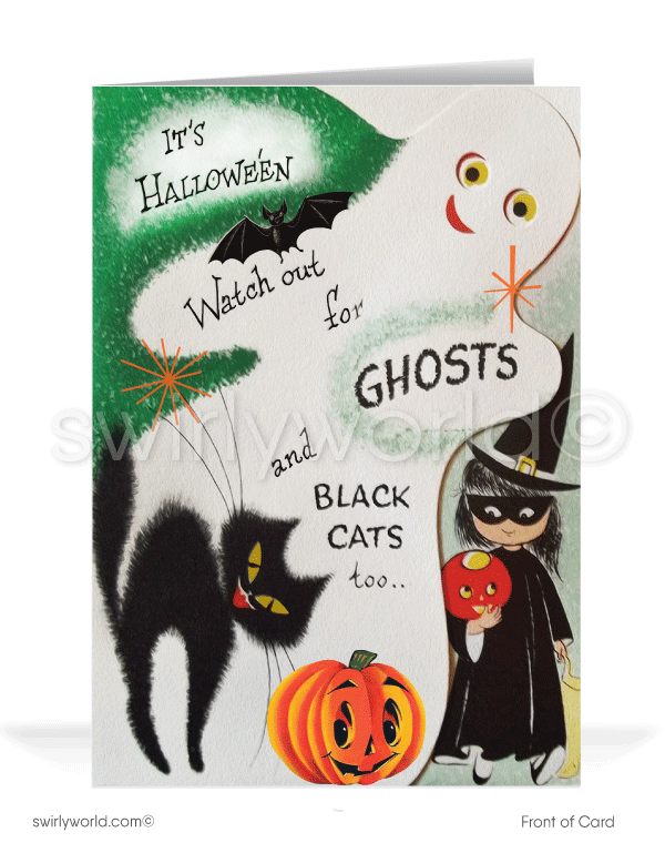  Celebrate the nostalgia of Halloween with Swirly World's 1940s-1950s Vintage Cards. Featuring a playful ghost, spooked black cat with a Jack-O-Lantern, and a girl in a witch costume. Perfect for mid-century illustration lovers. Choose single-panel or folded options, with customizable envelopes available.