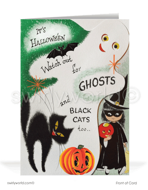  Celebrate the nostalgia of Halloween with Swirly World's 1940s-1950s Vintage Cards. Featuring a playful ghost, spooked black cat with a Jack-O-Lantern, and a girl in a witch costume. Perfect for mid-century illustration lovers. Choose single-panel or folded options, with customizable envelopes available.