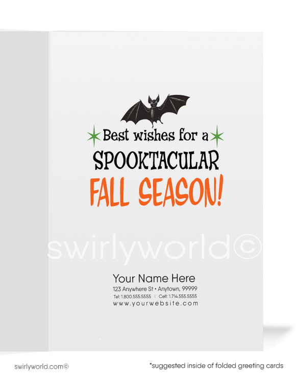 Celebrate the 1950s with Swirly World's Vintage Pirate Pumpkin Halloween Greeting Cards. Featuring a kitschy boy in a pirate costume carving a pumpkin, with retro "Happy Halloween" typography against a vibrant orange sky and yellow moon. Choose single-panel or folded options, with customizable envelopes.