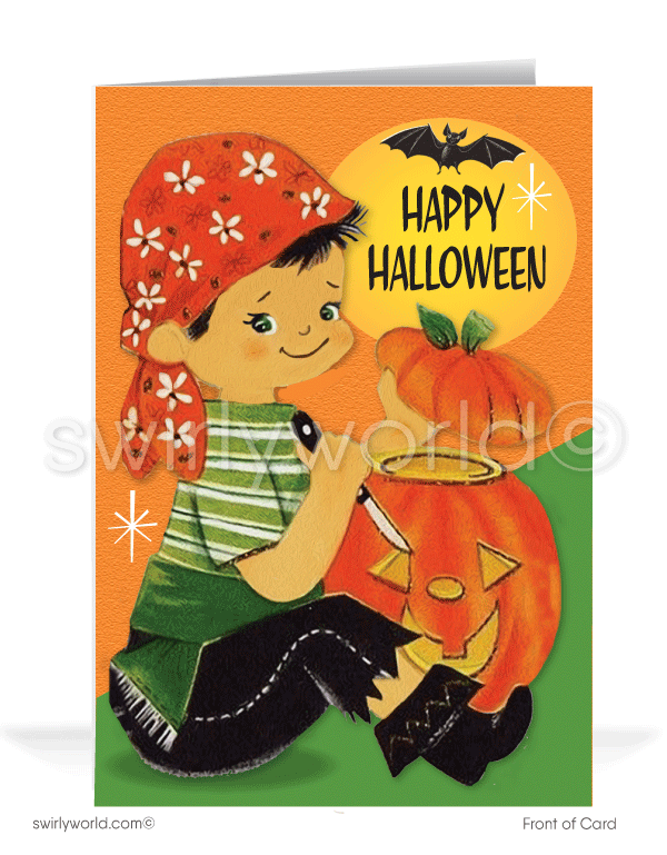 Vintage Pirate Pumpkin 1950s-1960s Mid-Century Printed Halloween Greeting Cards