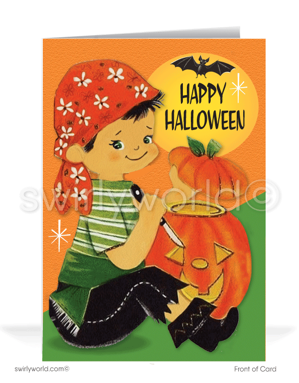 Celebrate the 1950s with Swirly World's Vintage Pirate Pumpkin Halloween Greeting Cards. Featuring a kitschy boy in a pirate costume carving a pumpkin, with retro "Happy Halloween" typography against a vibrant orange sky and yellow moon. Choose single-panel or folded options, with customizable envelopes.