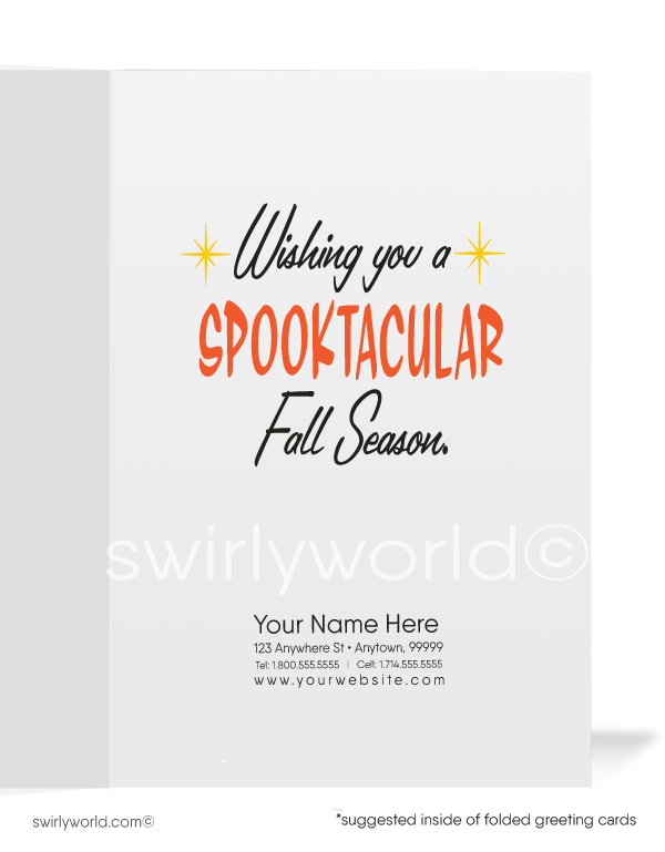 Send charming vintage Halloween greeting cards from Swirly World! Featuring a captivating 1950s-inspired ghost and pumpkin head design, these cards offer a fun, nostalgic way to celebrate the season. Choose from flat or folded styles, with optional custom-printed envelopes for a personal touch.